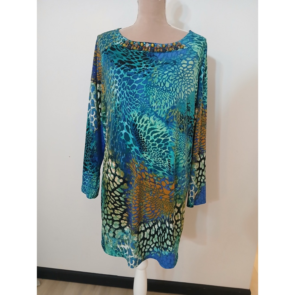 Susan Graver Style Womens 2X Blue Teal Animal Print Beaded Neck Tunic Top